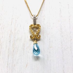 Solid 14K, Diamonds and Blue Topaz pendant necklace, NWOT